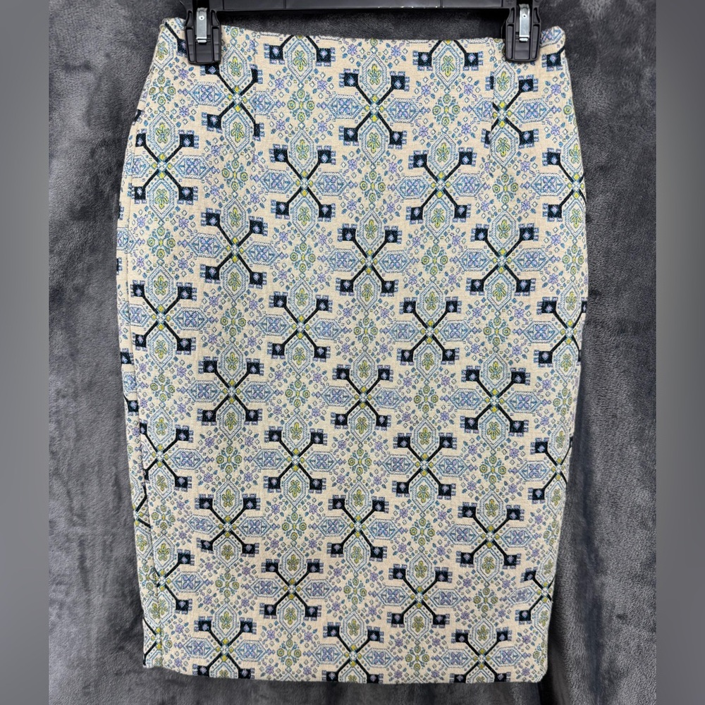 NWT The Limited High Waist Cream & Blue Tapestry Pencil Skirt Size 0 XS